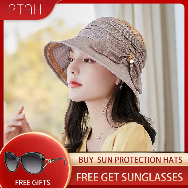 

[PTAH] 2021 New Women Straw Cloth Hats Breathable Comfortable Caps Foldable Roll-up Beach Hat Sun Protection Anti-UV Hats Female