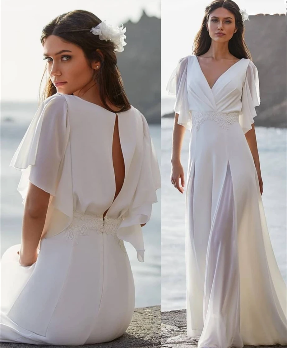 grace kelly wedding dress Simple Beach Wedding Dress 2021 A-Line Puffy Short Sleeve V-Neck Pleat Lace Appliques Open Back Sweep Train Bride Gown For Women long sleeve wedding dresses