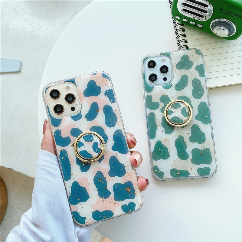 Модный Блестящий Зеленый леопардовый чехол для телефона с подставкой на палец
