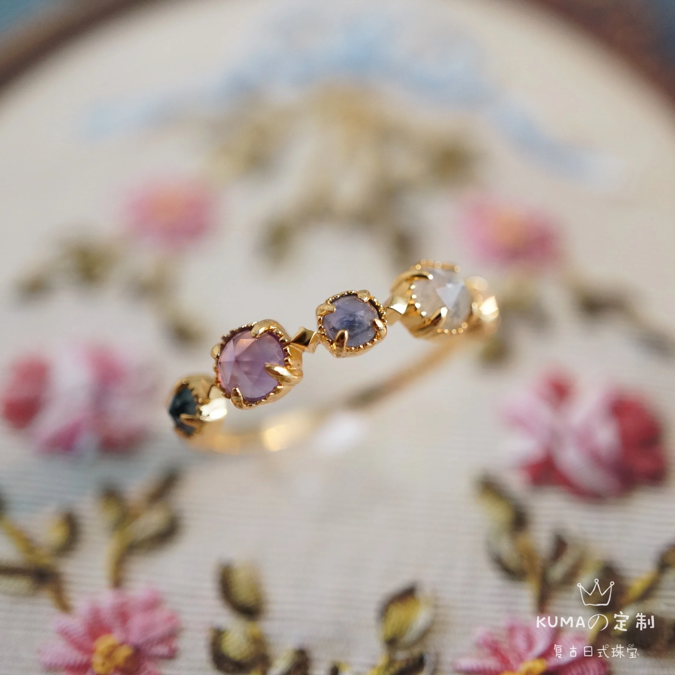 

Kuma japanese Agete Natural Topaz Amethyst Cordierite Labradorite Duobao Energy Ring