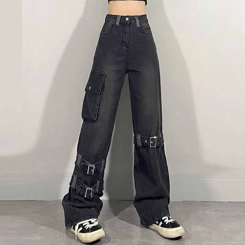 

High Waist Straight Trousers Loose Pocket Denim Cargo Pants 2022 New High Street Zipper Binding Jeans Women's Eearly Spring