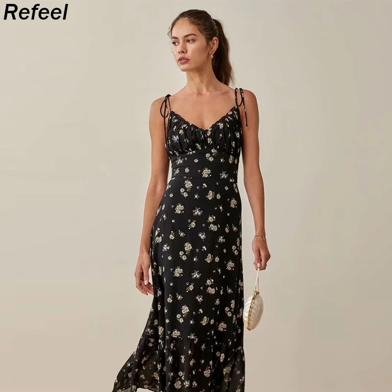 

Женское винтажное платье-миди на тонких бретельках, длинное платье-трапеция с цветочным принтом и v-образным вырезом, праздничное платье в д...