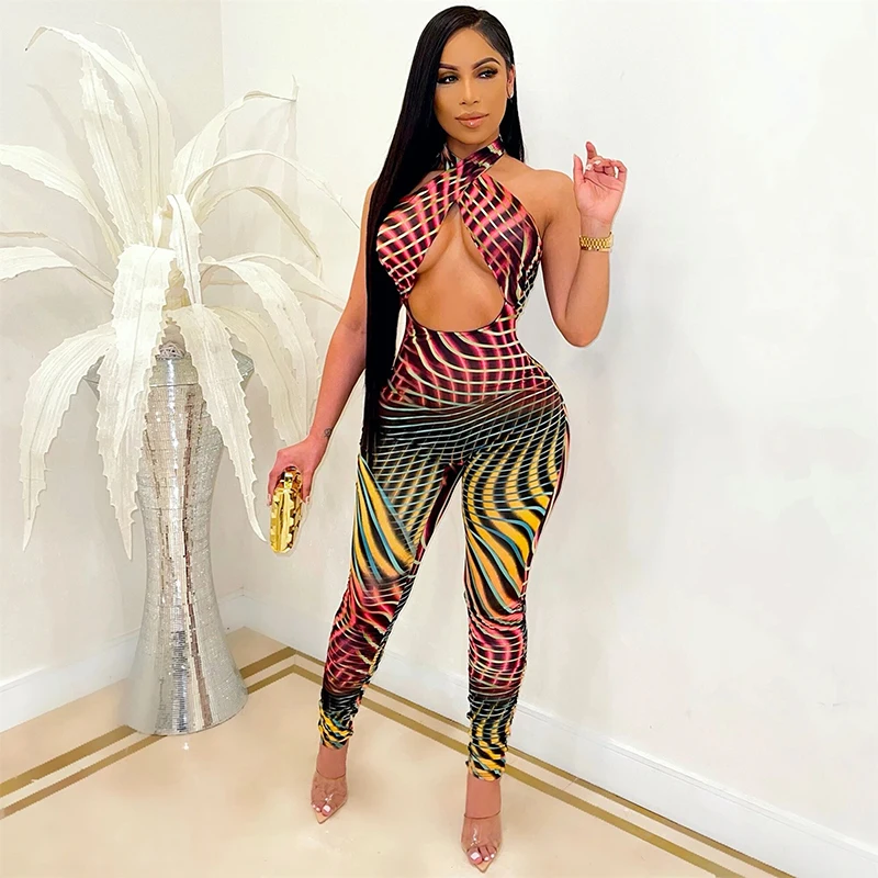 

2021 Summer Wonmen's Hollow Out Print Halter Jumpsuit Sexy Skinny Sleeveless Backless Sport Wear For Women