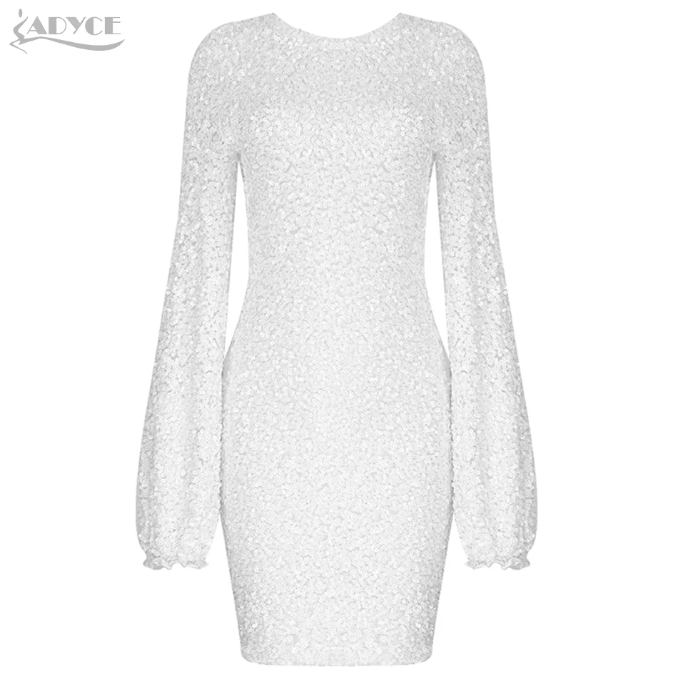 

Adyce 2021 New Summer Women White Sequins Mini Dress Sexy Mesh Long Sleeve O Neck Celebrity Evening Runway Club Party Lady Dress