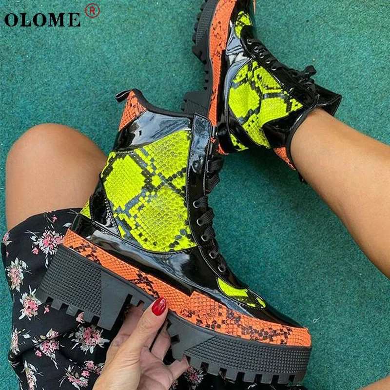 

2021 Autumn and Winter Mid-heel Martin Boots with Thick and Color Matching Warm Boots, Large Size Lace Up Nude Boots 36-42