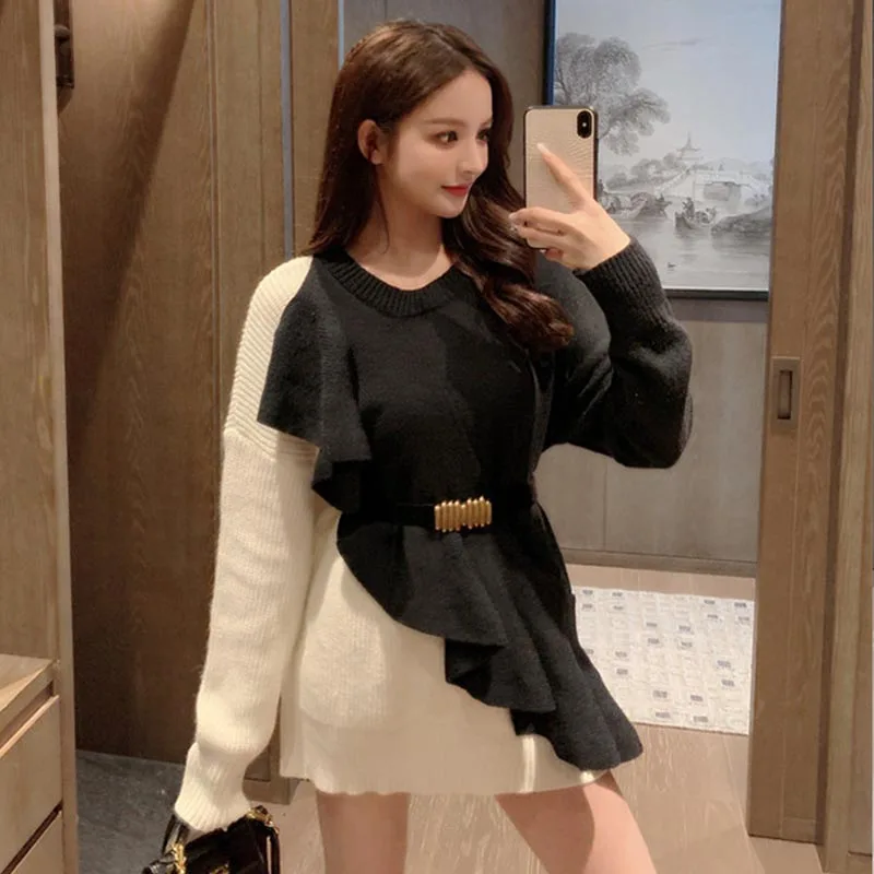 

One-Piece 2021 New Korean Autumn Winter Chic Dress French O-Neck Fashion Stitching Sweater Dress Belt Temperament Loose Dresses