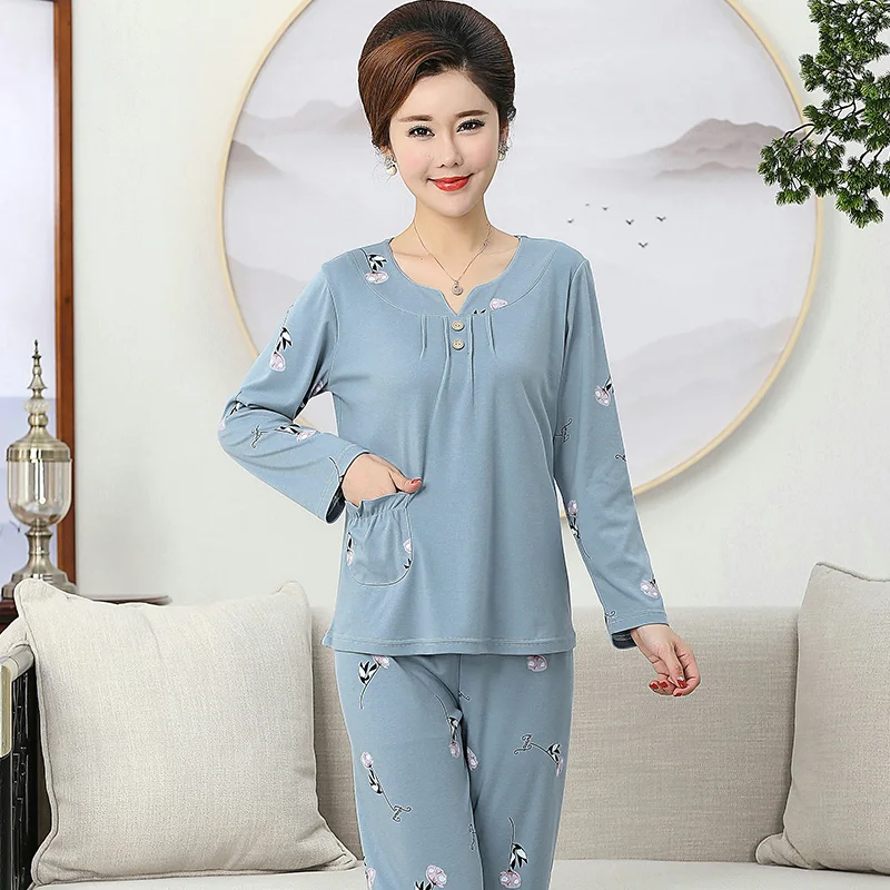 Осенний вязаный хлопковый женский пижамный комплект с принтом тонкая Пижама Mujer