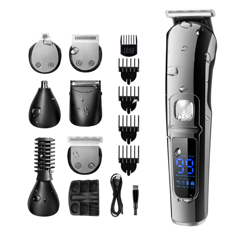 6 in 1 Luxury Hair Clipper Digital LED Display Hair Trimmer Stainless Steel Head Shave Professional Barber Men Cutting Machine