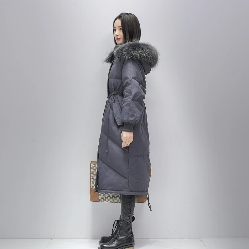 Winter white duck down jacket large fur collar hooded extended zipper cardigan long sleeve coat thickened gray straight jacket