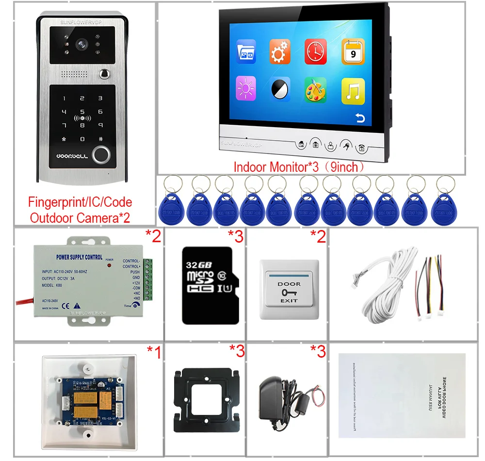 Door Station Intercom Fingerprint Video Intercom for Home With 32GB 9 inch House Intercom With Recording Video Call To The Door
