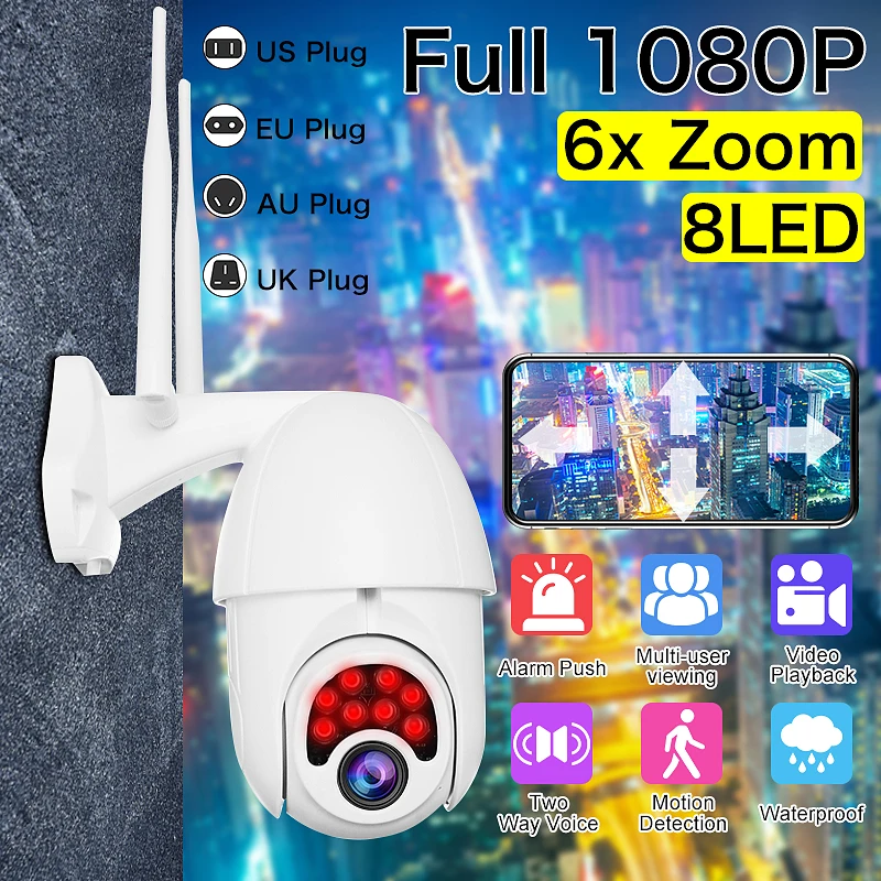 6x Zooom HD 1080P WI-FI IP Камера 8 светодиодный открытый безопасности Камеры Скрытого видеонаблюдения/Ночное видение/IP66 Водонепроницаемый/PTZ/2-полосная аудио