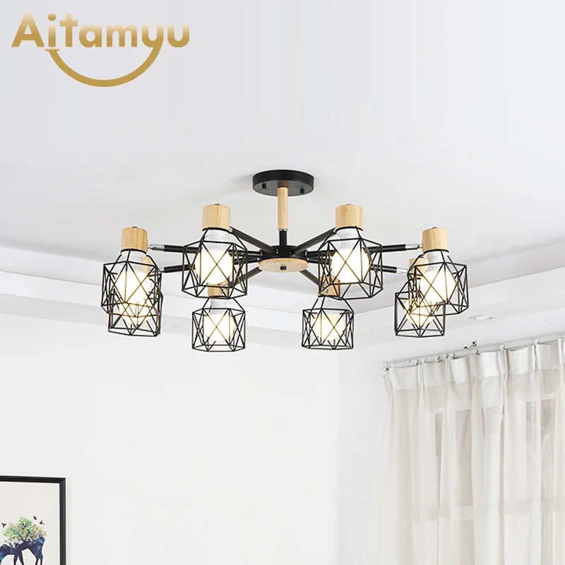 Блестящая деревянная люстра для Железный Абажур гостиной светодиодный Люстра