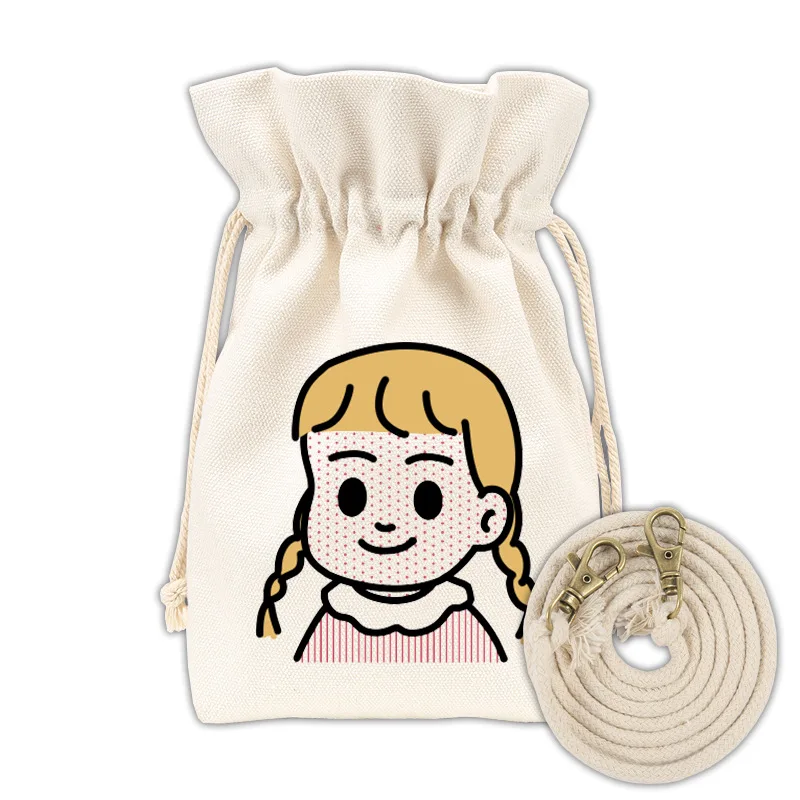 

Drawstring Canvas Bag Shoulder Diagonal Canvas Cartoon Pattern Bag Style Illustration Crossbody Japanese Bucket Canvas Bag