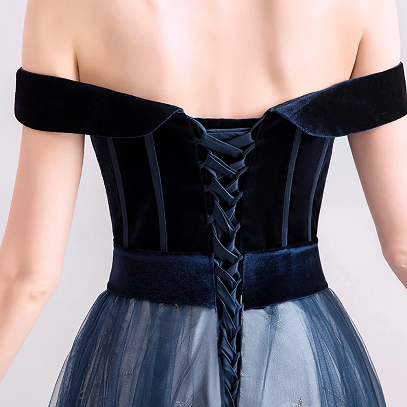 

Blue Luxury Evening Dress Illusion Off The Shoulder Lace Tulle Floor-Length Pleat Embroidery Elegant Women Formal Dresses TS258