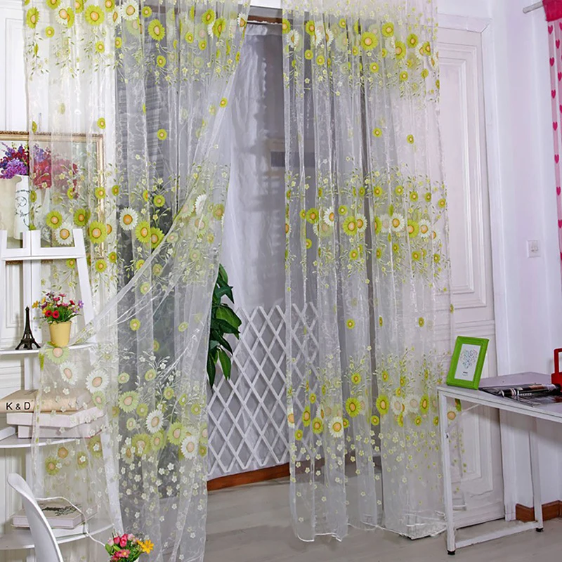 

Sunflower Pattern Tulle Curtain Home Decor Voile Kitchen Balcony Room Floral Window Blind Screen Rod Pocket Sheer Curtain