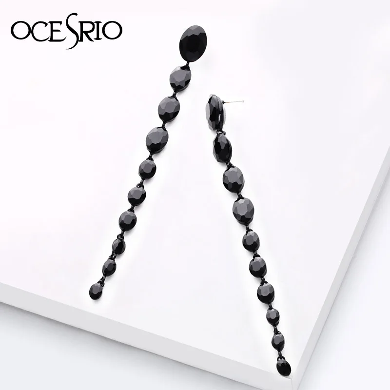 Женские длинные висячие серьги OCESRIO черные сережки с кристаллами и камнями