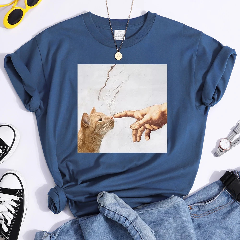 

T Shirt Funny Cute Cat And Manpower Printed Womens T-Shirt Kawaii Fashion Woman Clothes Oversized Harajuku Tshirt For Women's