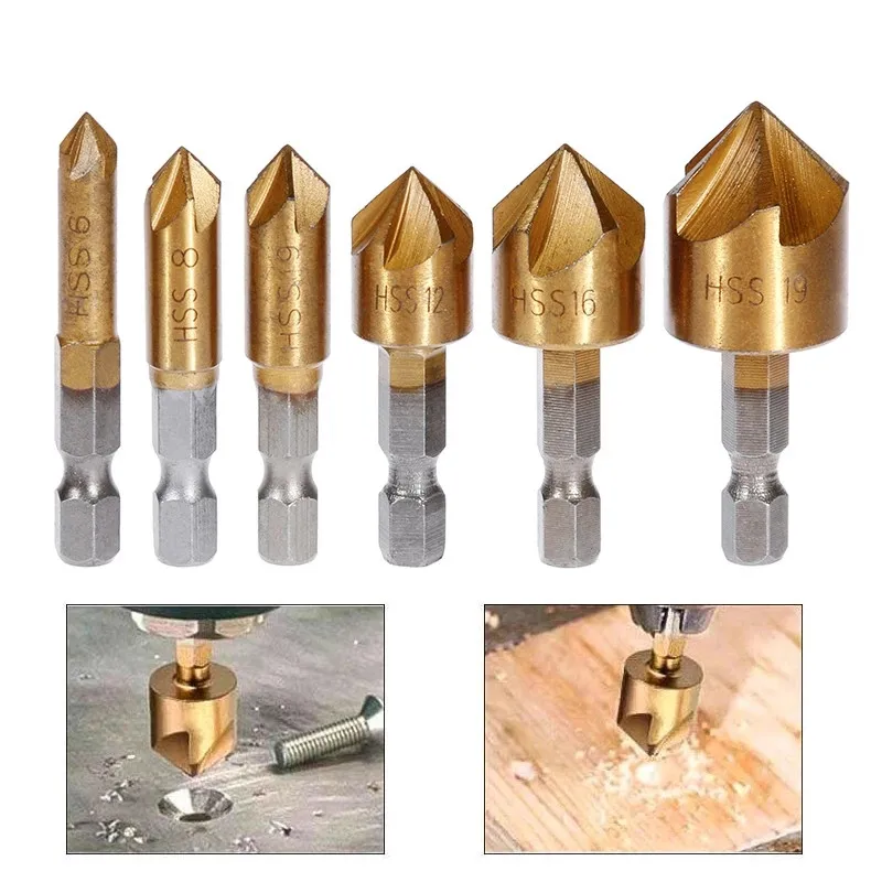 

5 Flute Countersink Drill Bit HSS Titanium Coated 90 Degree Wood Metal Chamfering Cutter Set 6/8/9/12/16/19mm