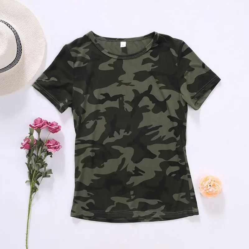 Женская камуфляжная футболка с коротким рукавом и круглым вырезом тонкая топы из
