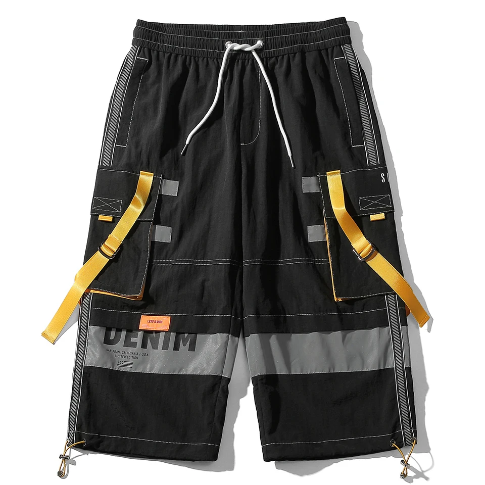 

2020 Summer Casual Hip Hop Cargo Shorts Men Color Patchwork Ribbons Streetwear Nylon Shorts Mutil Pockets Short Jogger Pants Men