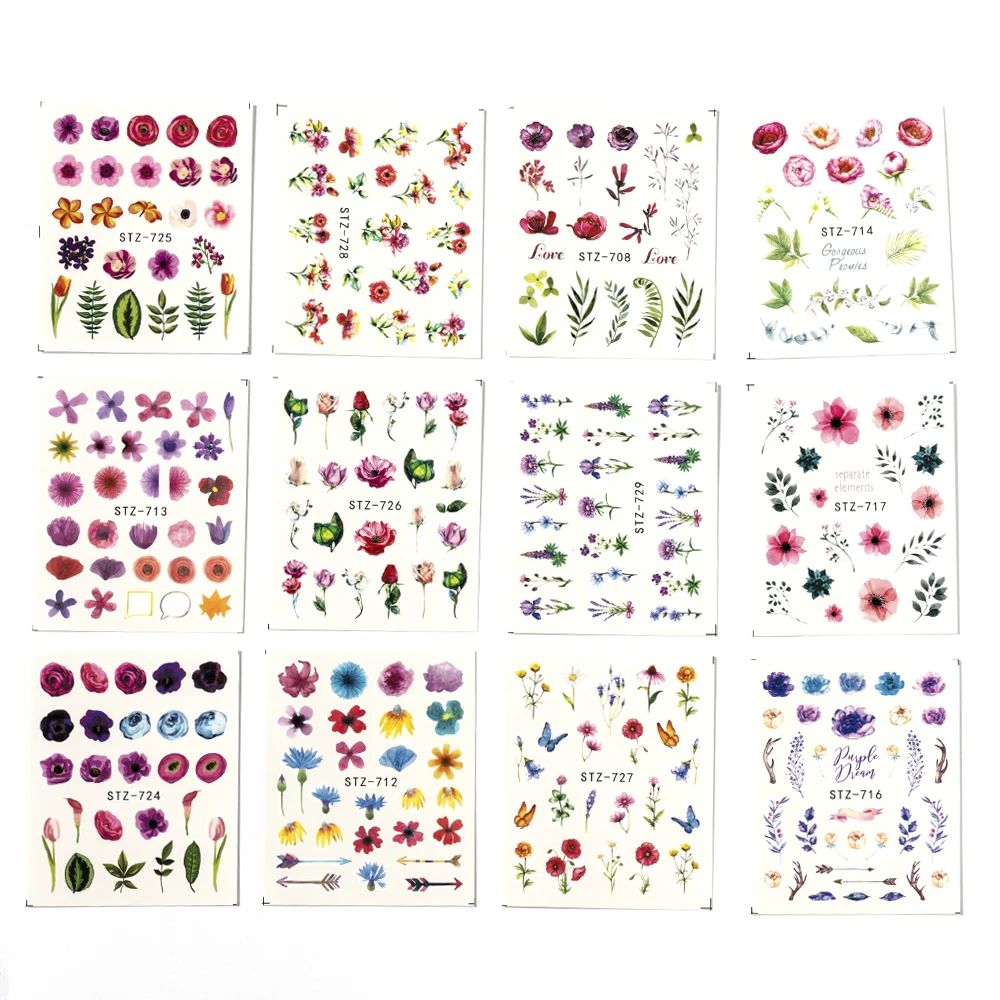 

24 Sheets/set Colorful Flower Nail Art Stickers Watercolor Water Transfer Decals Flowers Nail Decorations Wild Trend DIY Tips