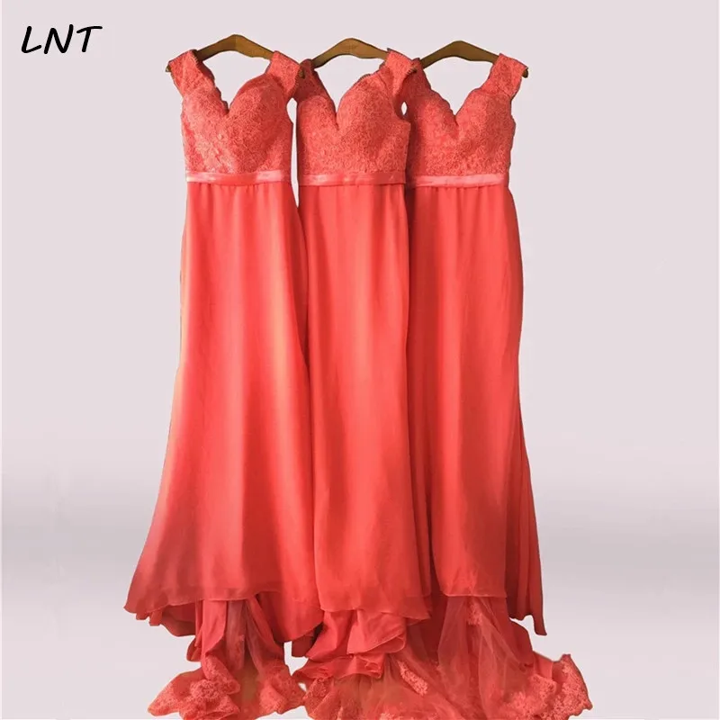 Длинное Коралловое подружки невесты с открытыми плечами платье аппликацией