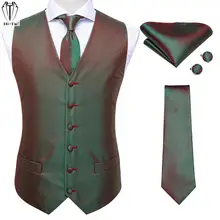 Hi-Tie Silk Mens Vests Green Red Plaids 4PC Jacquard Waistcoat Men Necktie Hanky Cufflinks Set for Dress Suit Weddding Business (3)