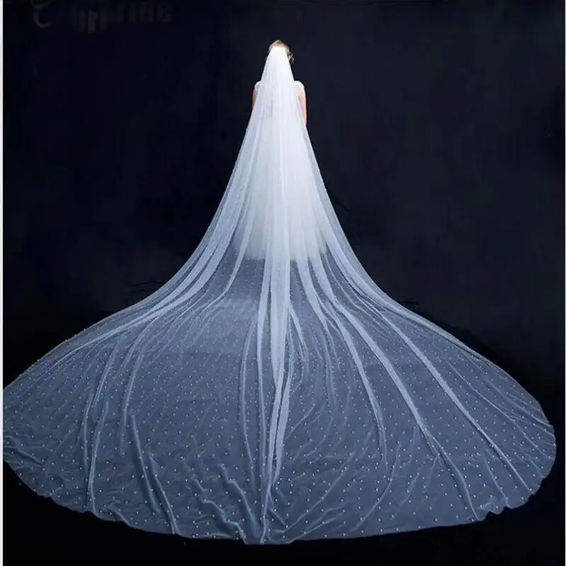 Amanda Design One Layer without Comb Luxury long big Pearls Veil | Bridal Veils