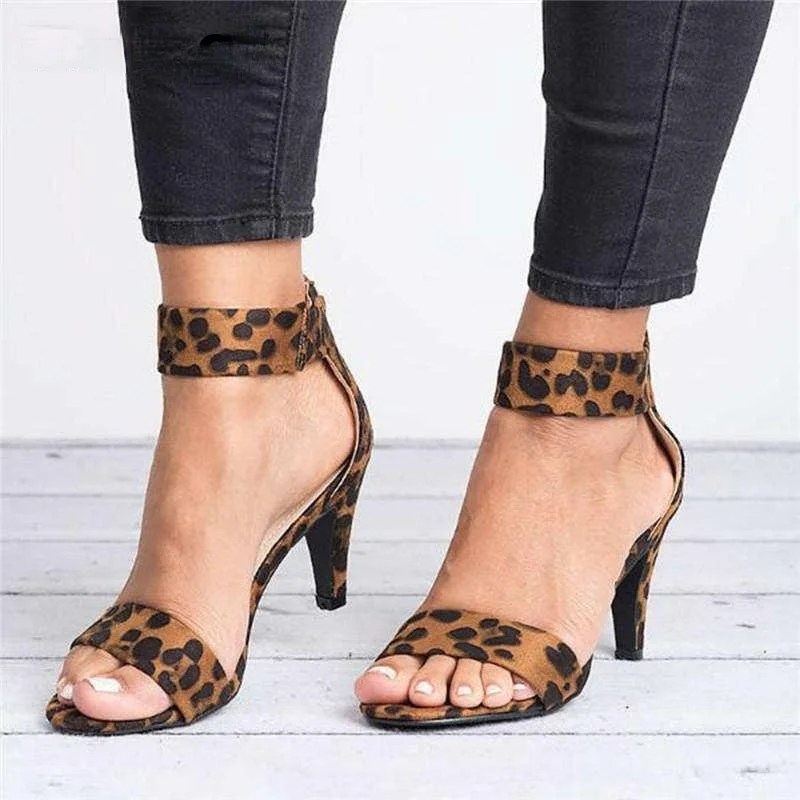 

2021autumnautumnautumnWomen Thin High Heel Open Toe Zipper Suede Wedding Leopard Ladies Black Sandal Shoes Sexy