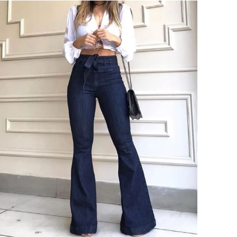 

GOOHOJIO 2020 New Fashionable Elastic Long Denim Trousers Female Autumn High Waist Casual Jean Women Comfort Women Boot Cut Pant