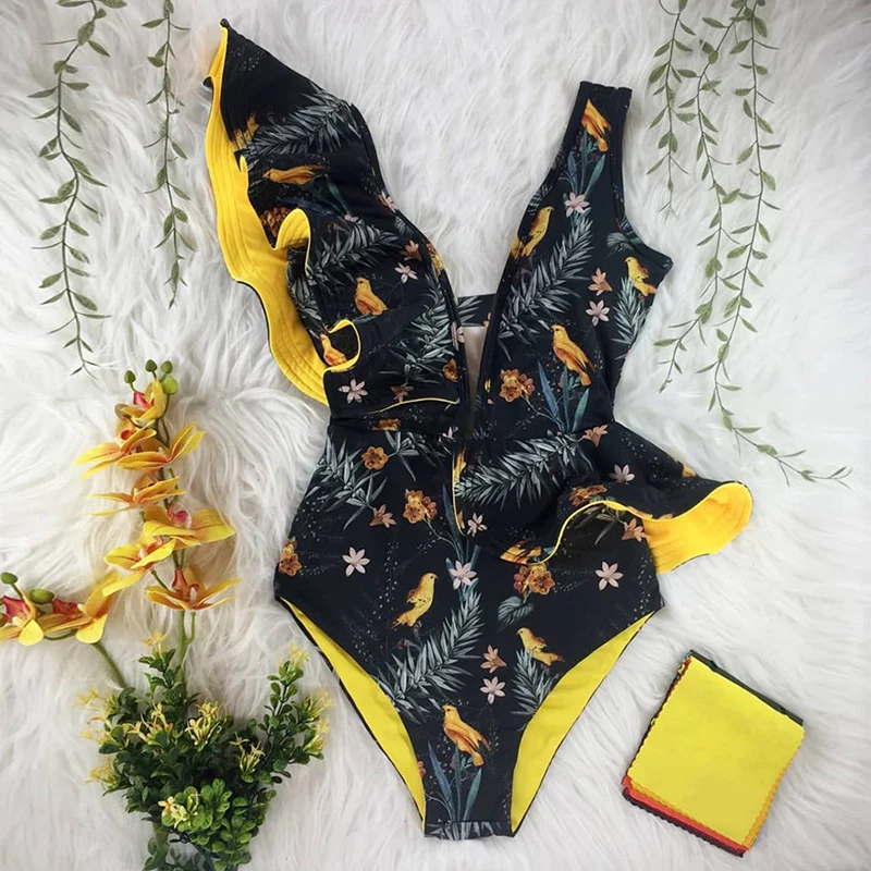 2021 New Print Swimwear Deep V-neck Ruffle Swimsuit Push Up One Piece Swimsuit Beach Wear Backless Monokini