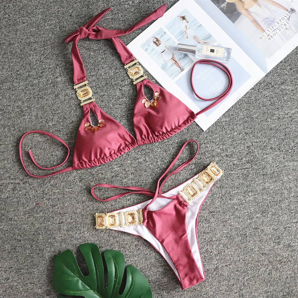 

Green Swimsuit Women Sexy Crystal Diamond Bikini Bandage Push Up Backless Swimwear 2 Peice Set Women Triangle Swimsuit Beachwear