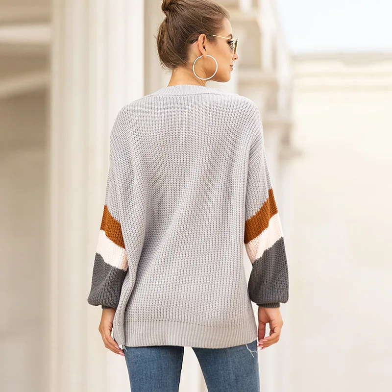 Knitted Striped V Neck Pullover Women 2019 Autumn Winter Fashion Grey Long Sleeve Sweater Female High Street Loose Mujer Jumper | Женская