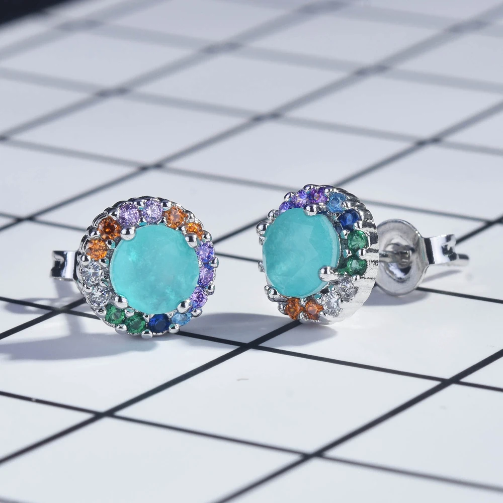 

Luxury Colorfull Zircon Stud Earring,Silver Color Round Tourmaline Exquisite Earrings For Women Engagement Party Jewelry Bijoux