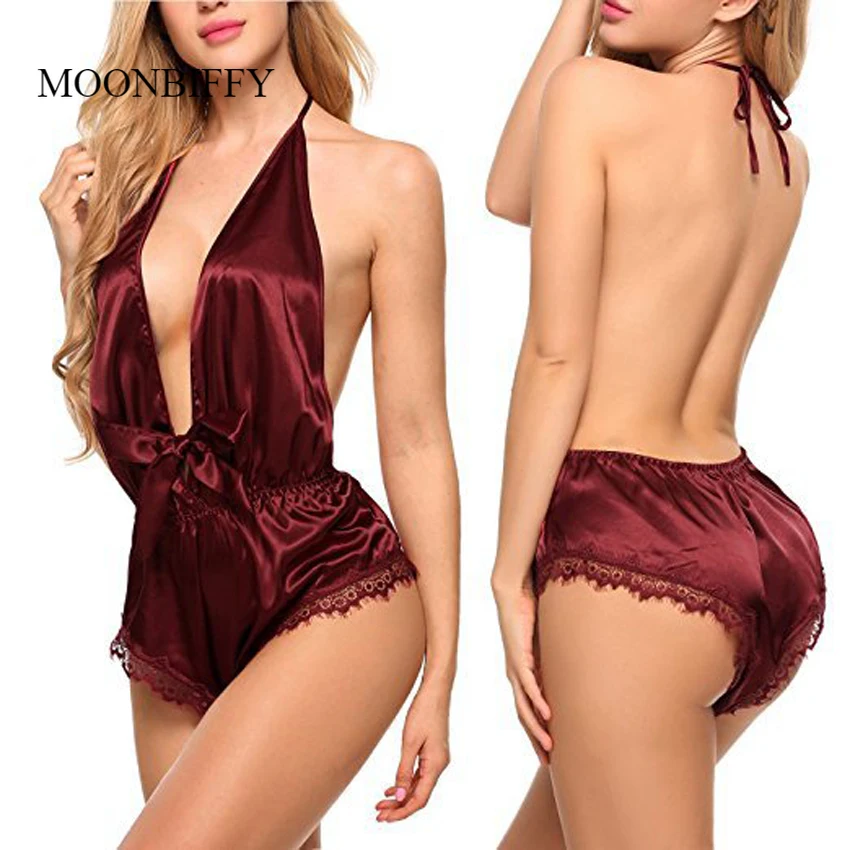 

Ladies Sexy Deep V Halter Neck Bodysuit Women Silk Faux Lace Sexy Nightdress Erotic Lingerie