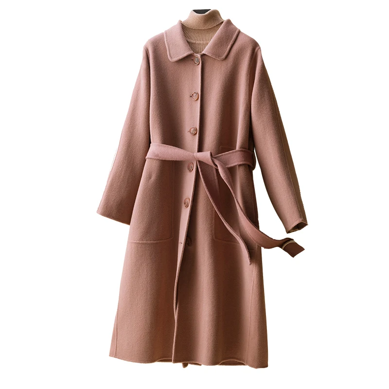 

Autumn and winter Hepburn wind double-sided cashmere coat girl medium-length casual loose doll collar wool double-sided coat