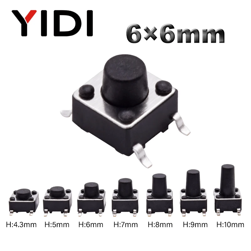 

50pcs 6*6*4/5/6/7/8/9/10mm On Off Momentary SMD SMT Tactile Tact Micro Mini Push Button Switch 12V Black Electronic Power Reset
