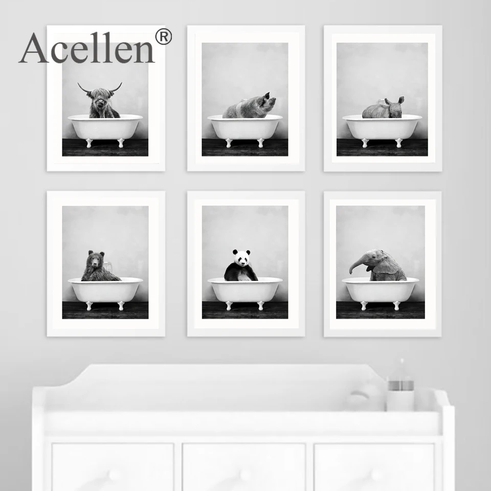 Детское животное в ванной постер панда жираф слон лев свинья корова
