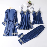 ice silk pajamas four piece set womens spring and autumn sexy suspender long sleeve nightgown silk home clothes nightdress set