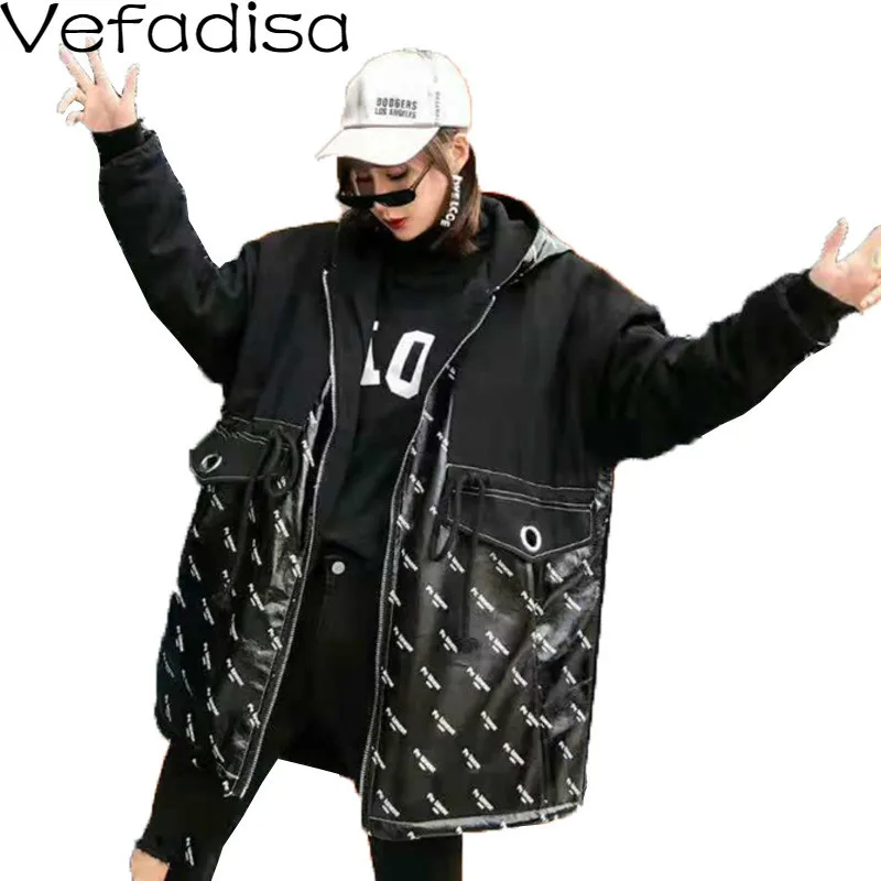 Vefadisa PU Skin Patchwork Parka Woman Winter Letter Printing Hooded Parka Loose Thick Cotton-padded Clothes Woman QYF1012