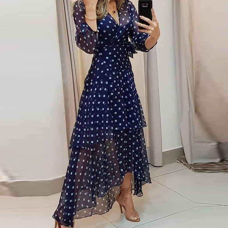 

Sexy V Neck Polka Dot Print Party Dress Elegant Lady Irregular Office Maxi Dresses New Spring Autumn 3/4 Sleeves A-line Dress