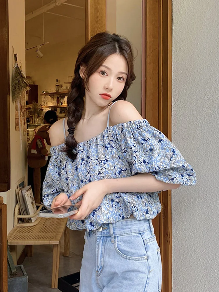 Женская летняя тонкая рубашка с рукавами-фонариками и цветочным принтом | одежда