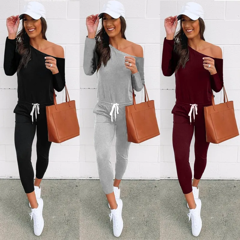 

LEOSOXS Spring Autumn Sexy Slash Neck Long Sleeve Women's Jumpsuit Fashion Casual Solid Slim Drawstring Pocket Ladies Jumpsuit