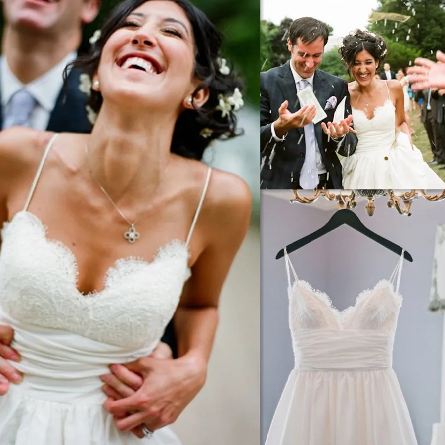 

Sexy Simple Lace Satin Spaghetti Straps Sweetheart Dress for Wedding Party with Pleat Belt Sweep Train A-line Bridal Dresses