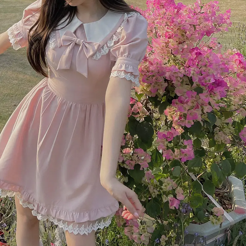 

Summer Japanese Cute Doll Collar Bowknot Lace Short Sleeve Dress Pink Princess Short Victorian Dress Kawaii Girl Gothic Lolita