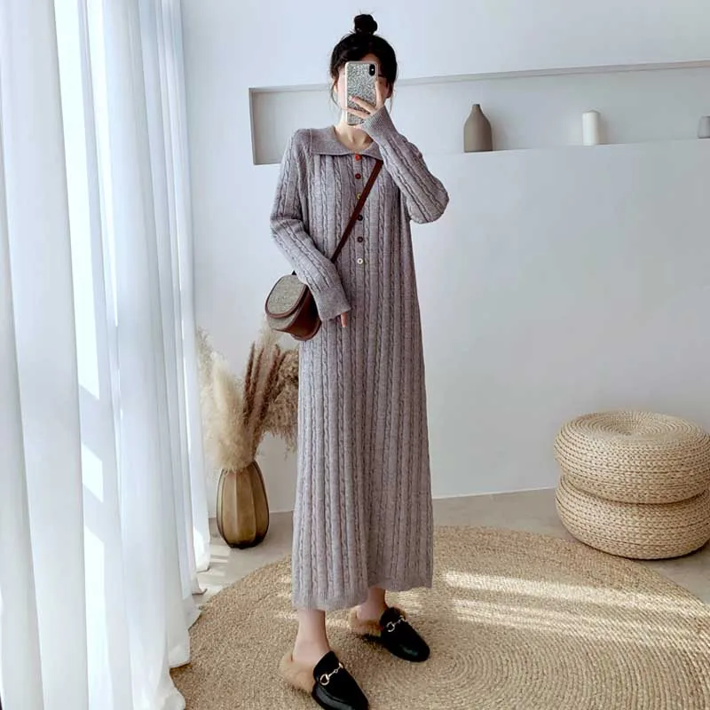 Женское трикотажное платье-свитер осенне-зимнее однобортное Свободное платье с