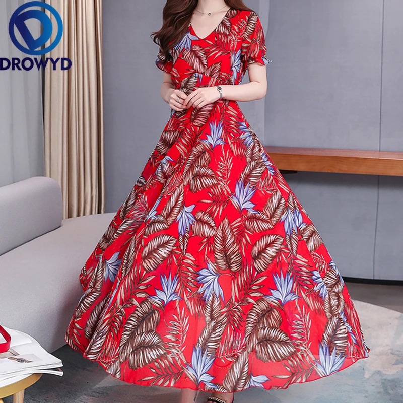 

Summer Maxi Dress Fashion Women Red Print Sexy V-neck Thin Chiffon Floral Boho 4XL Tropical Party Elegant Runway Dresses Vestido