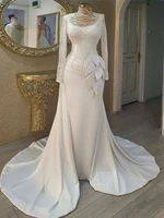 mermaid muslim wedding dress for women 2022 satin evening dresses white luxury dubai long sleeve form gowns