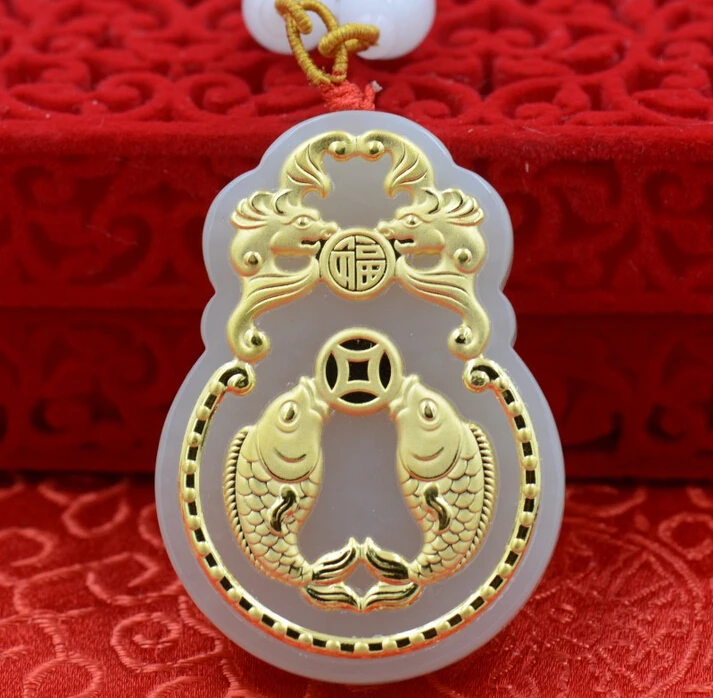 

999 24K YELLOW GOLD & A GRADE NATURAL (JADEITE) COIN FISH PENDANT