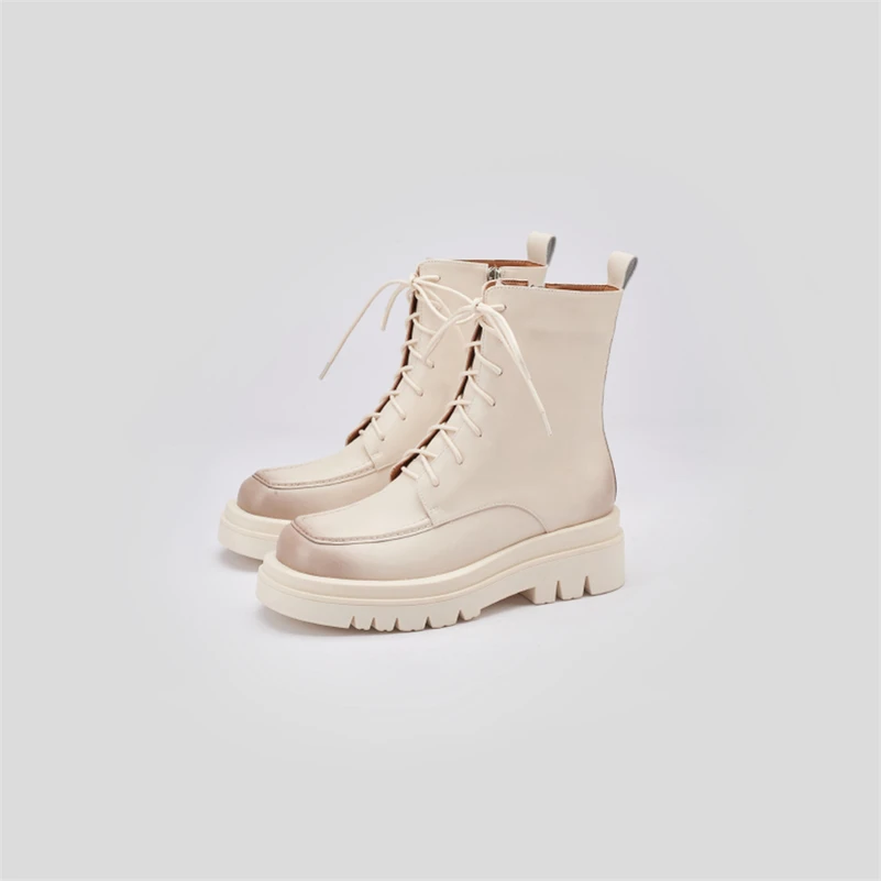 

Meotina Women Genuine Leather Motorcycle Boots Platform Flat Ankle Boots Zipper Round Toe Ladies Footwear Autumn Winter Yellow